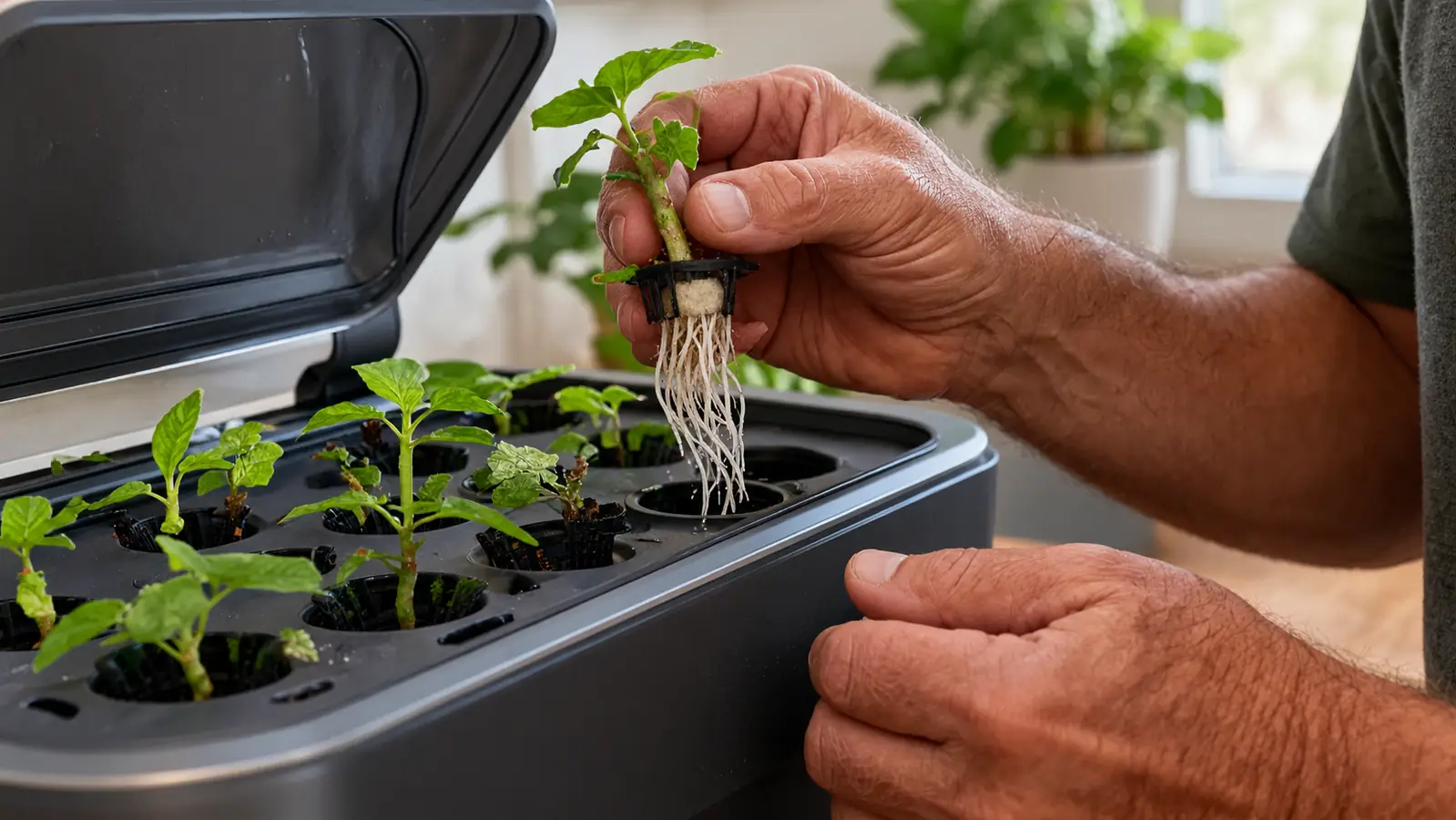 A hand lifting one cutting from an aeroponic cloner to inspect the roots forming at the stem