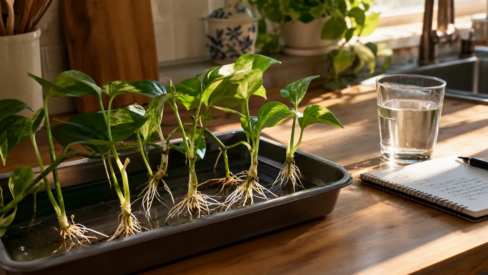 Freshly rooted cuttings standing in a tray on a kitchen counter, ready to be potted up