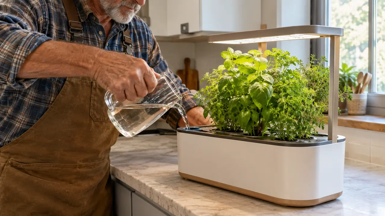 A home grower's hands adding water to a countertop garden on a kitchen counter