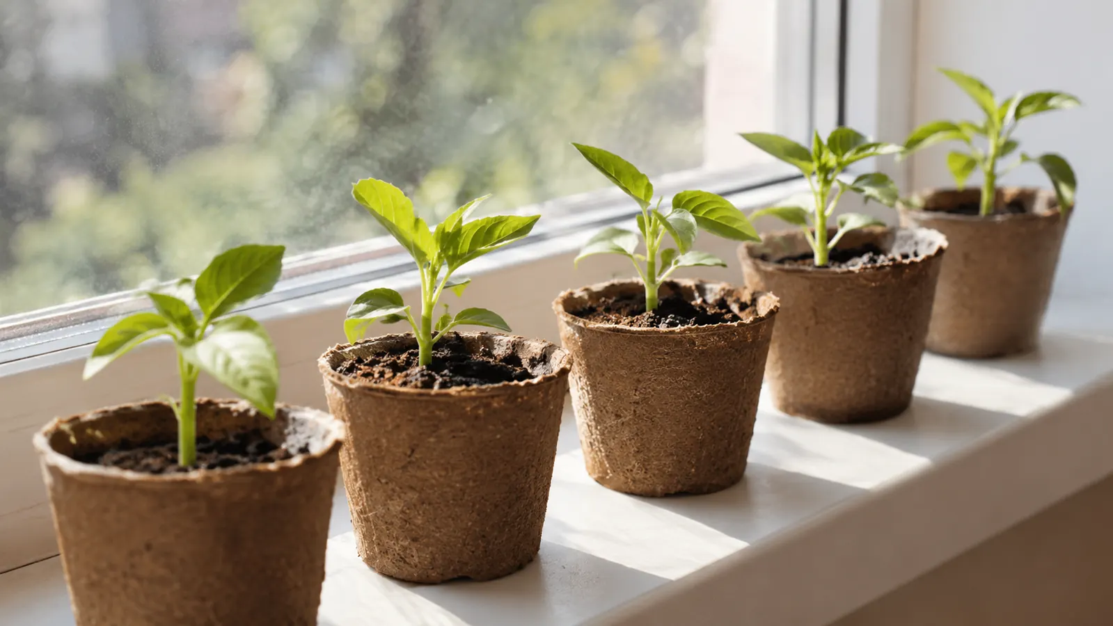 A row of small pots with green seedlings on a bright windowsill