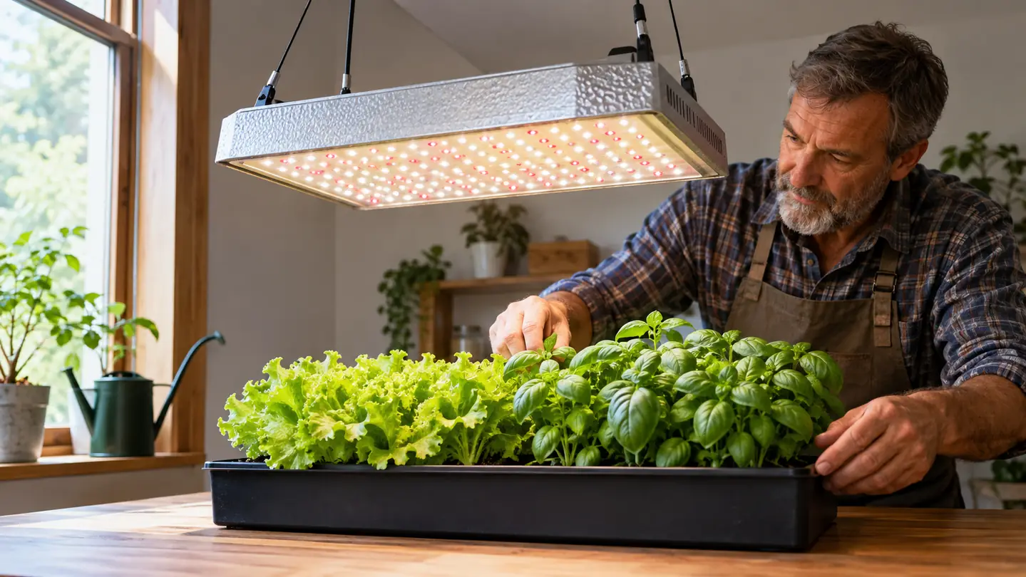 A full spectrum LED grow light hanging above a tray of young lettuce and basil on a table