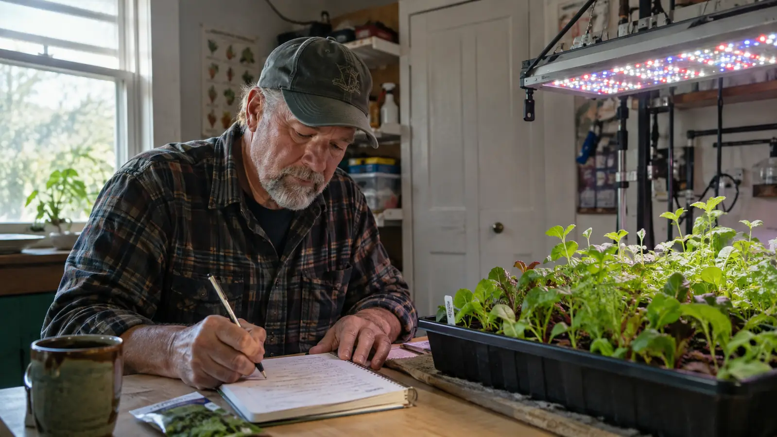 A home grower writing notes in a paper grow log beside a tray of greens under a full spectrum LED grow light