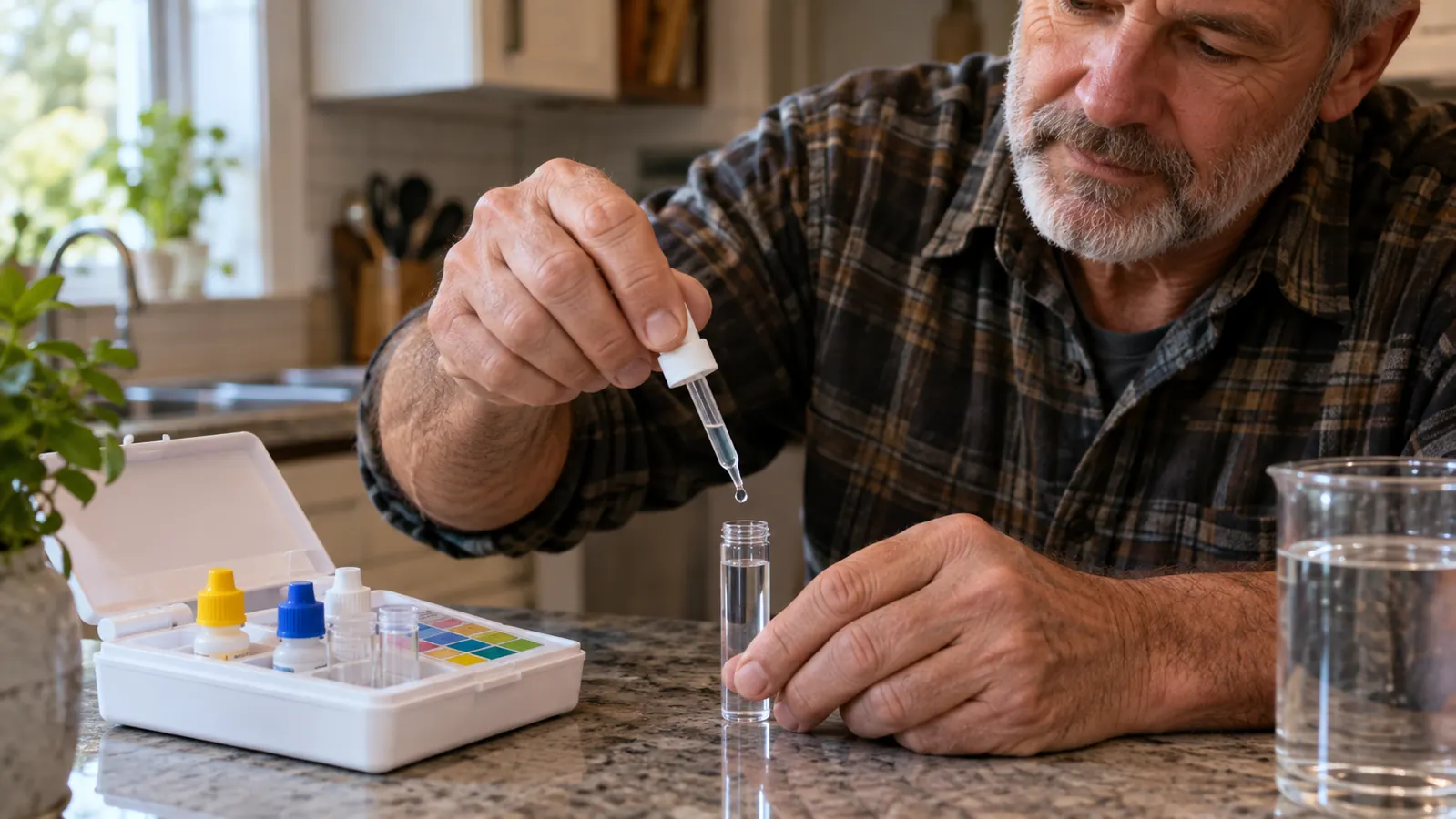 A hand holding a dropper of pH test solution over a small sample vial of nutrient water