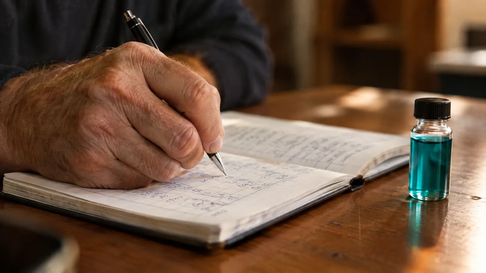 A hand writing pH readings in a paper grow log notebook next to a small vial of test solution