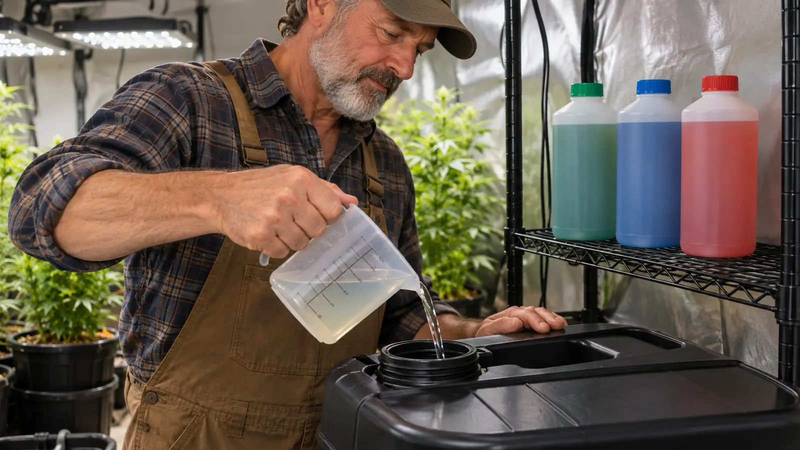 A hand measuring nutrient solution into a plastic measuring cup beside a reservoir