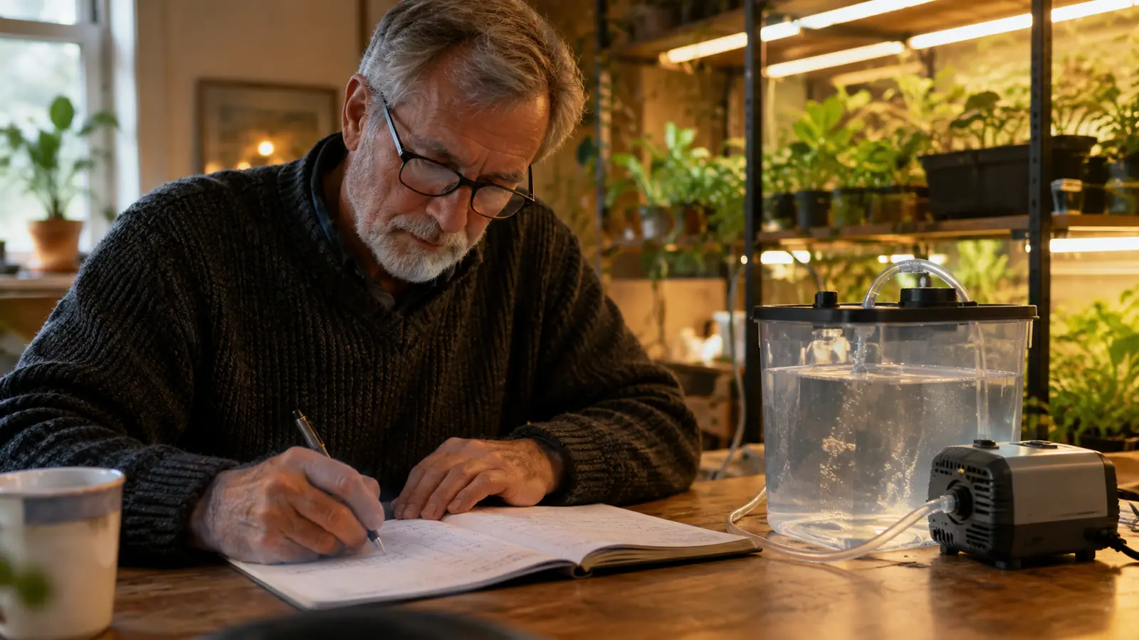 A home grower writing notes in a paper logbook next to a small reservoir and air pump