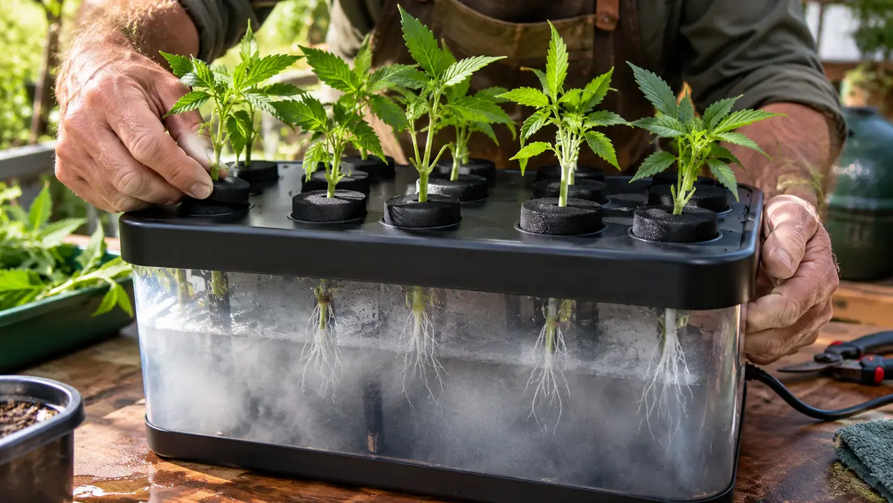 Close view of plant cuttings held in neoprene collars inside an aeroponic cloner, roots visible below