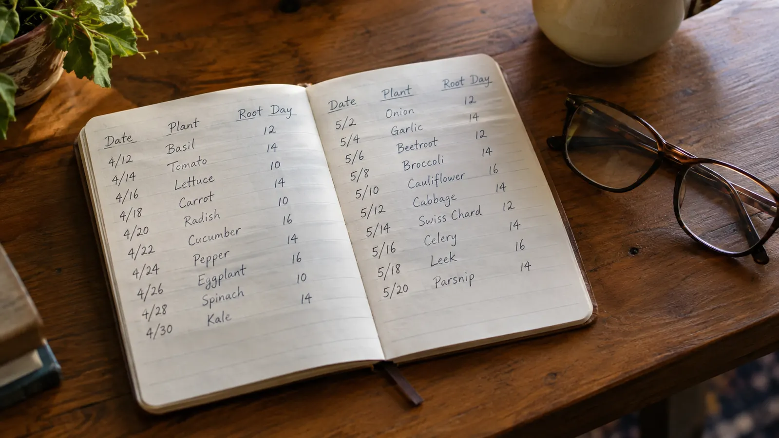A gardener's paper notebook open to a handwritten log of cutting dates and root dates