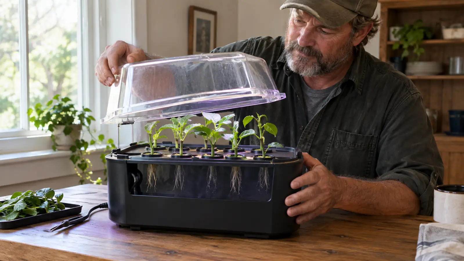 A hand lifting a clear lid off a black aeroponic cloner to check the cuttings inside