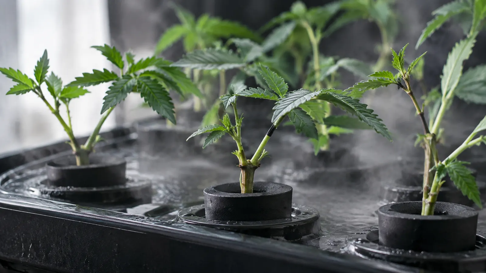 A close view of cuttings in neoprene collars inside a black aeroponic cloner with mist visible