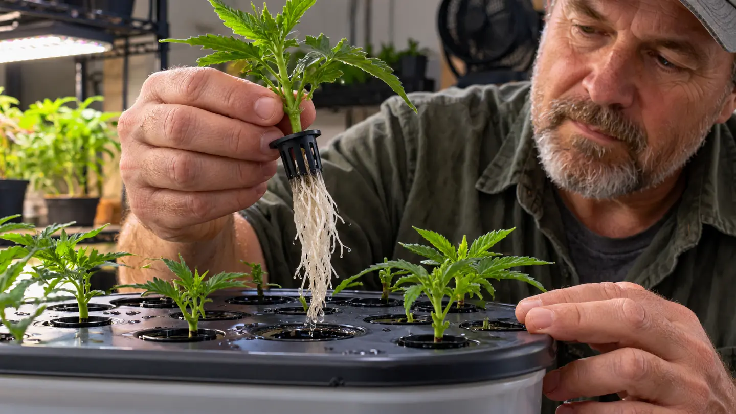 A hand lifting a cutting from an aeroponic cloner to check the roots