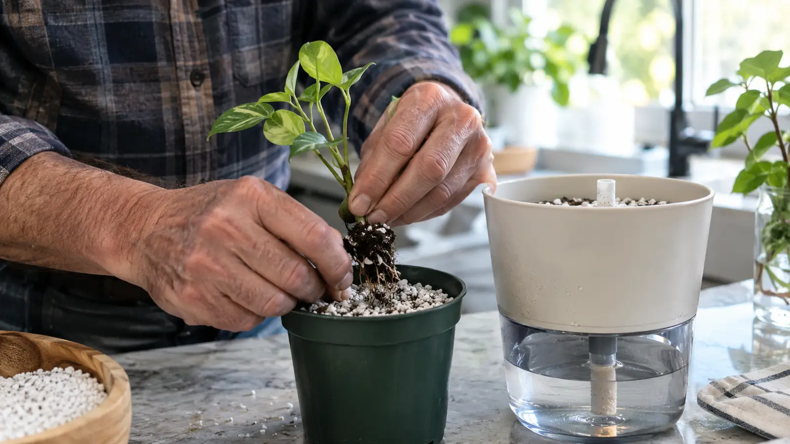A hand setting a rooted cutting into a small pot of perlite on a kitchen counter beside a self-watering pot