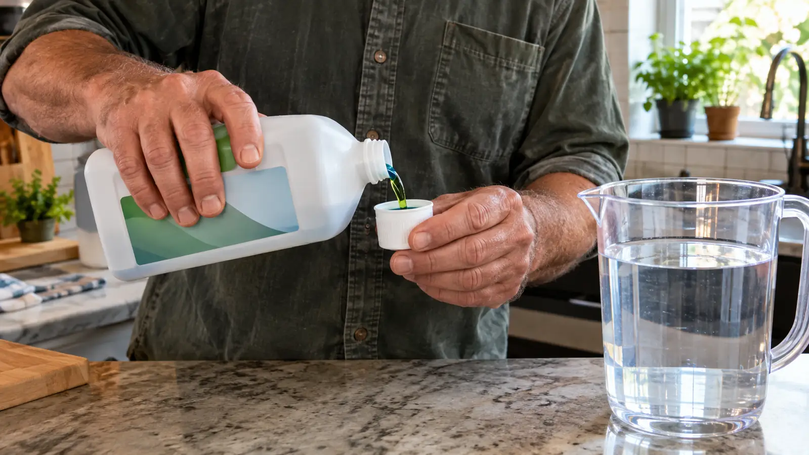 Hands measuring liquid nutrient into a plastic cap beside a pitcher of water on a kitchen counter