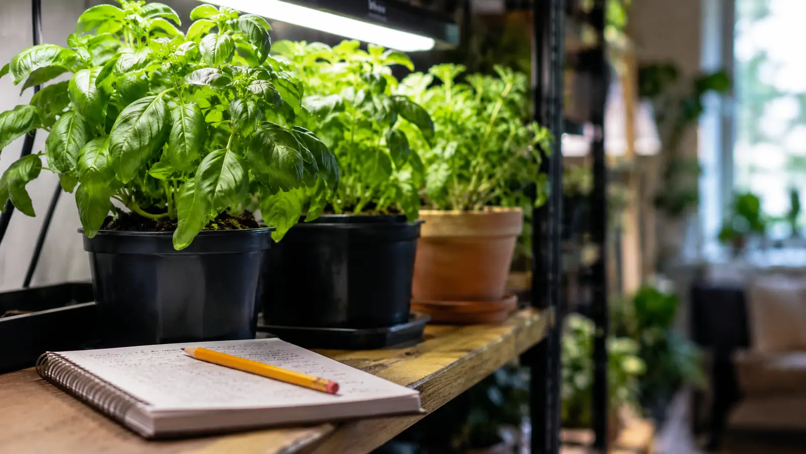 A spiral notebook with handwritten notes and a pencil resting on a shelf beside pots of basil under a grow light
