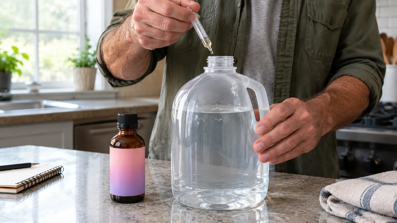 Hand measuring a small amount of nutrient concentrate with a plastic syringe into a clear jug of water on a kitchen counter, the nutrient bottles standing beside the jug