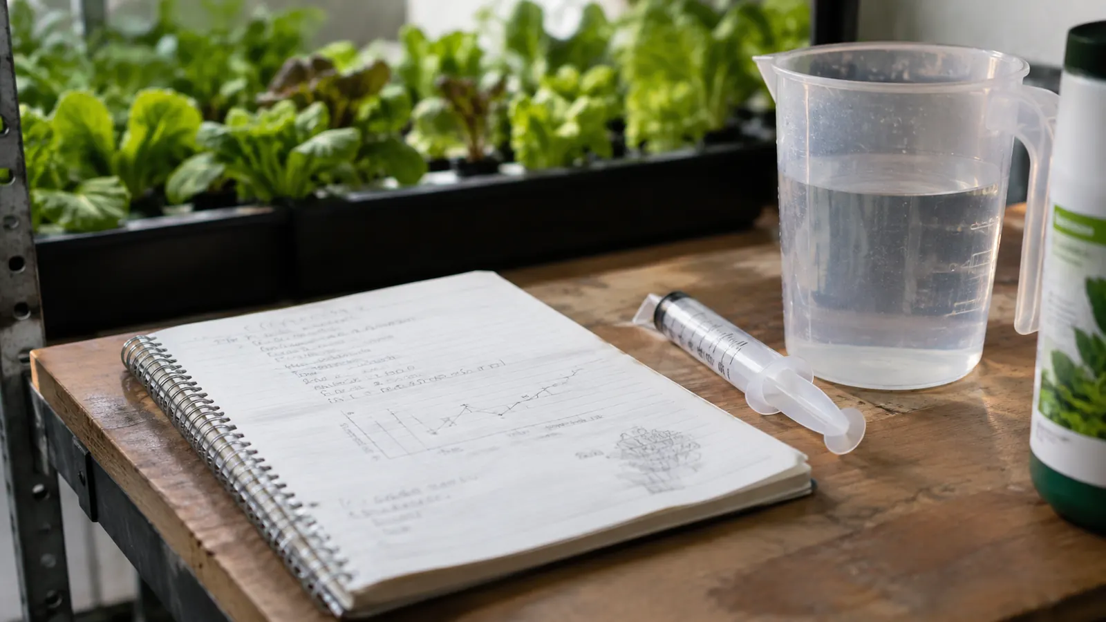 Open paper grow log with handwritten columns propped on a shelf beside a nutrient bottle and a clear jug of water