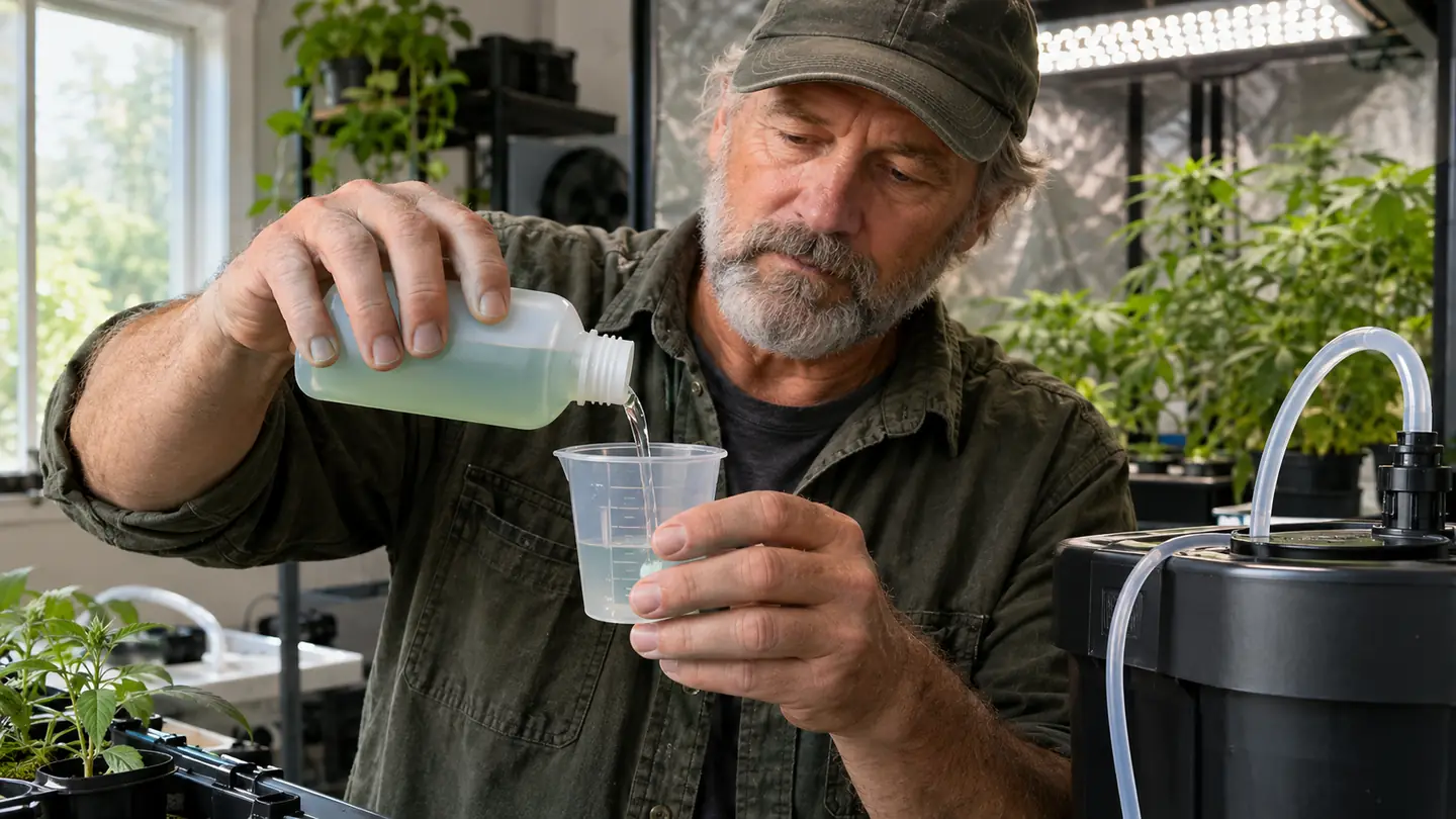 A hand pouring a small amount of nutrient solution from a bottle into a measuring cup beside a reservoir