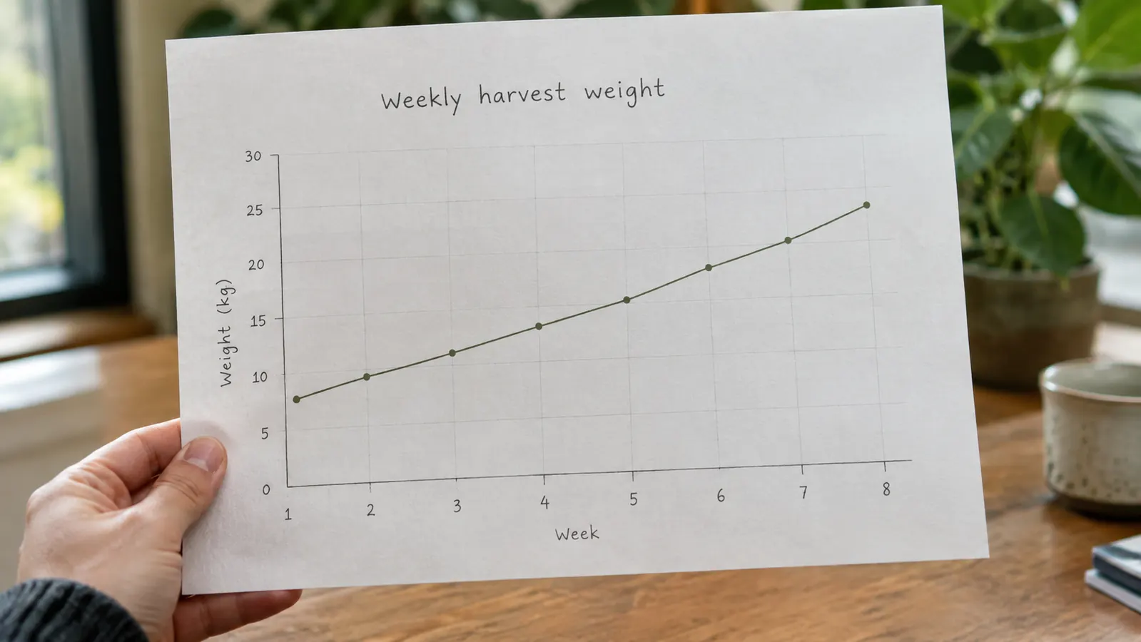 A simple line chart showing steady weekly harvest weight of leafy greens across several months