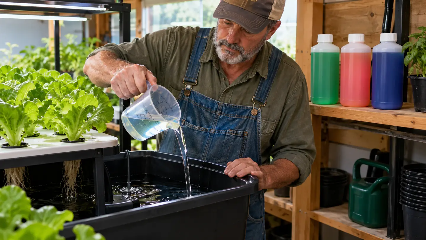 A home grower's hand pouring nutrient solution from a measuring cup into a hydroponic reservoir