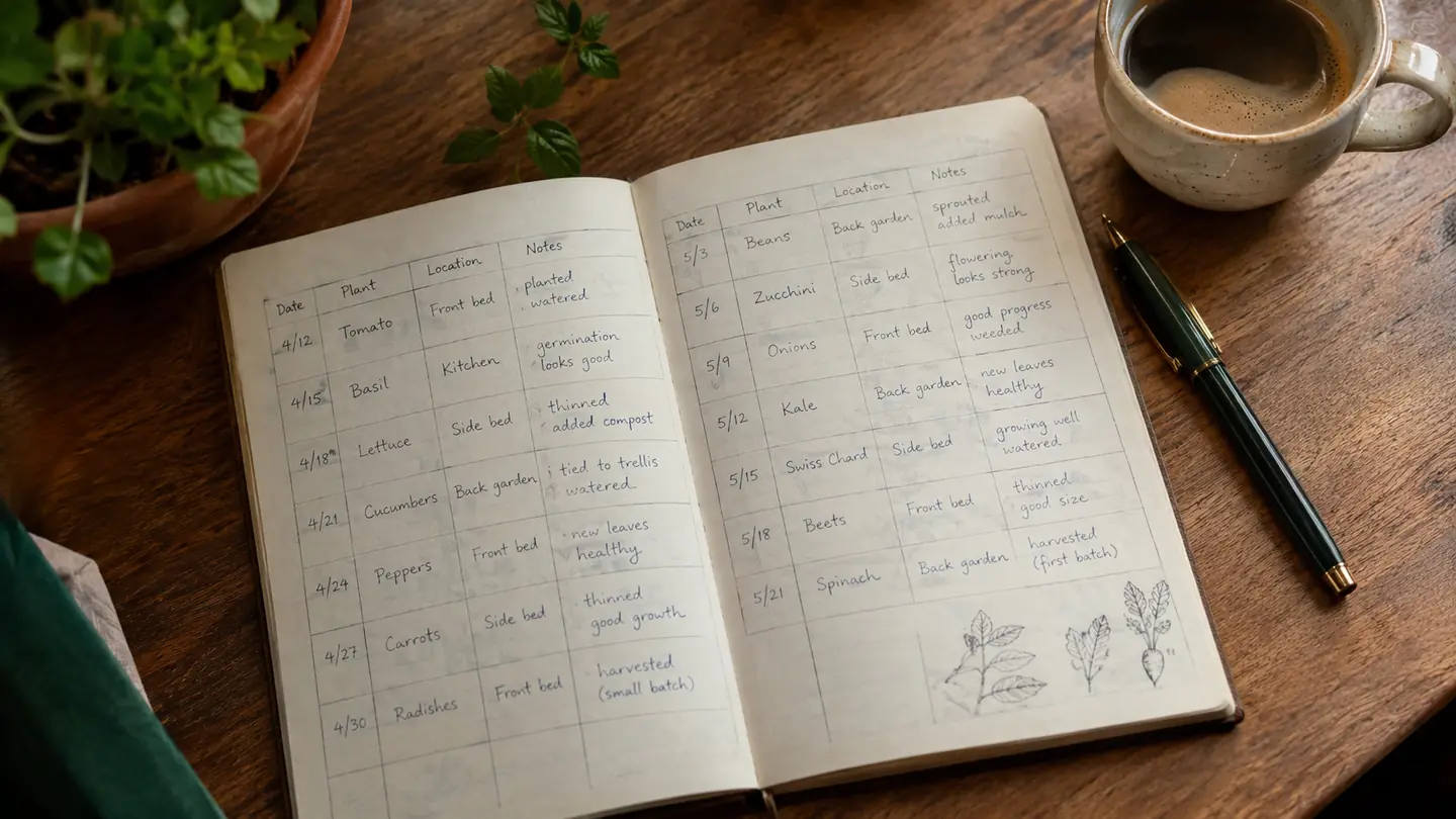 A home grower's paper grow log open on a table with handwritten notes and a pen beside it