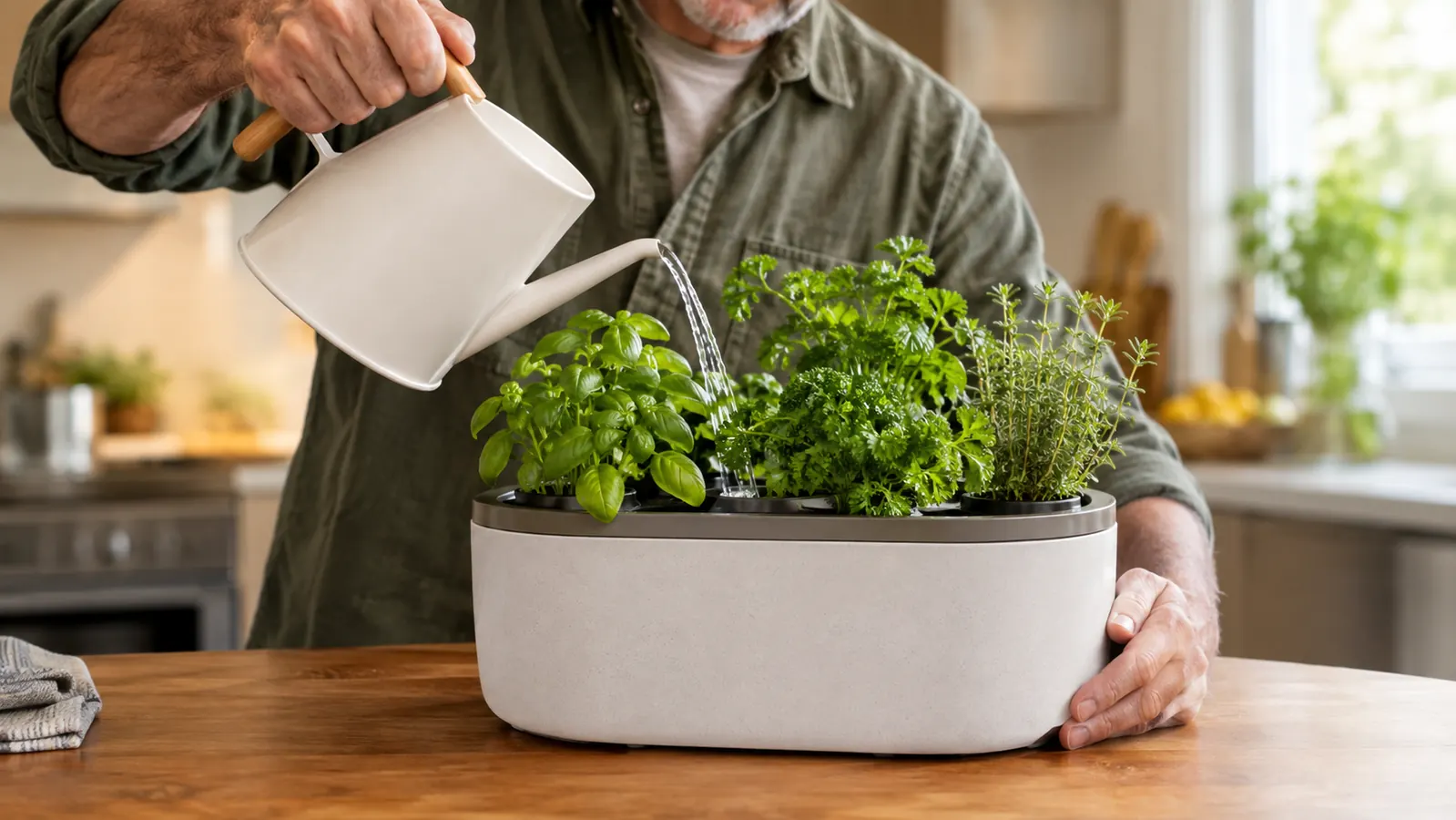 A home grower's hands adding water to a countertop garden