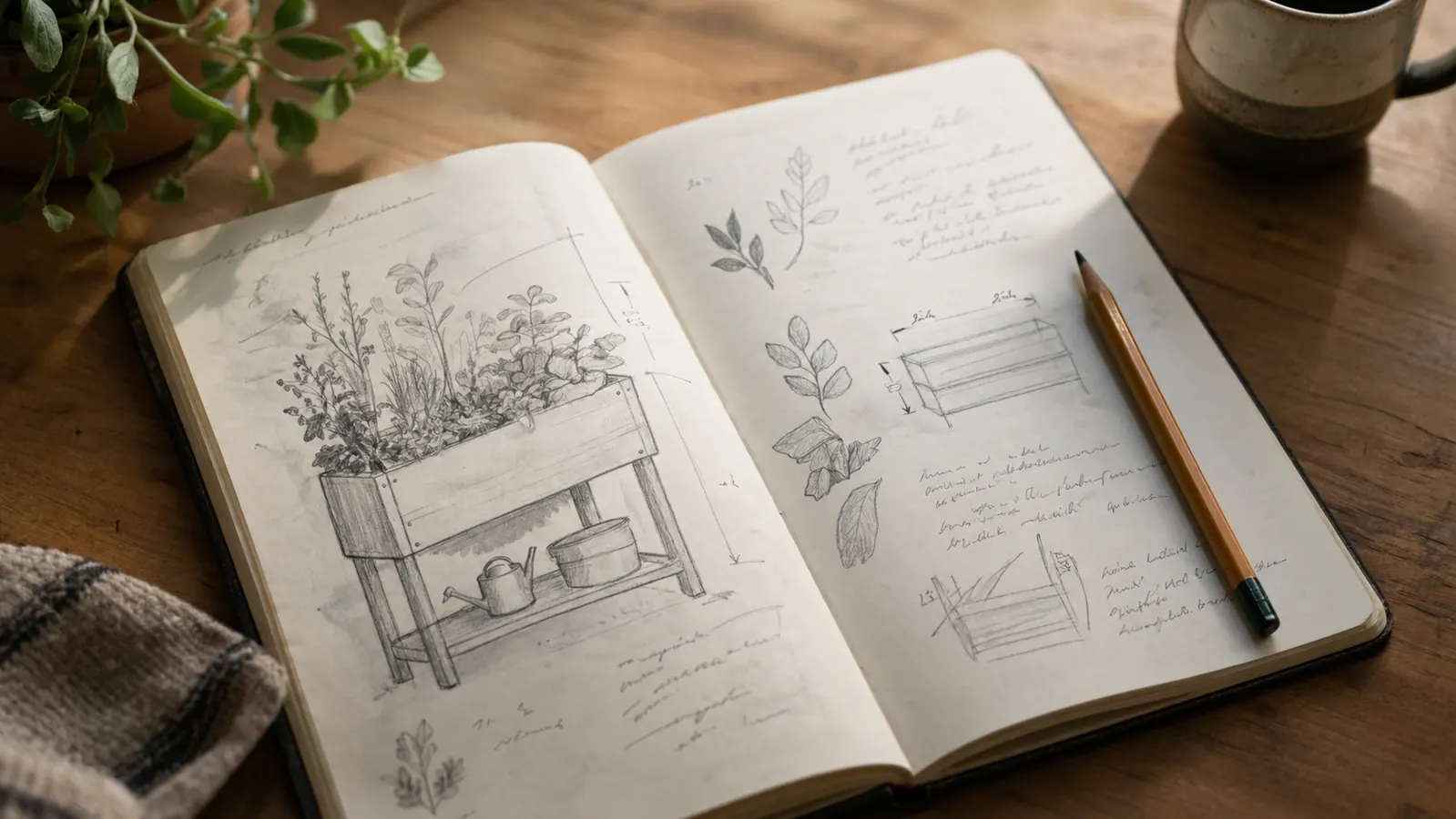 A small notebook with handwritten grow notes and a simple sketch of a countertop garden