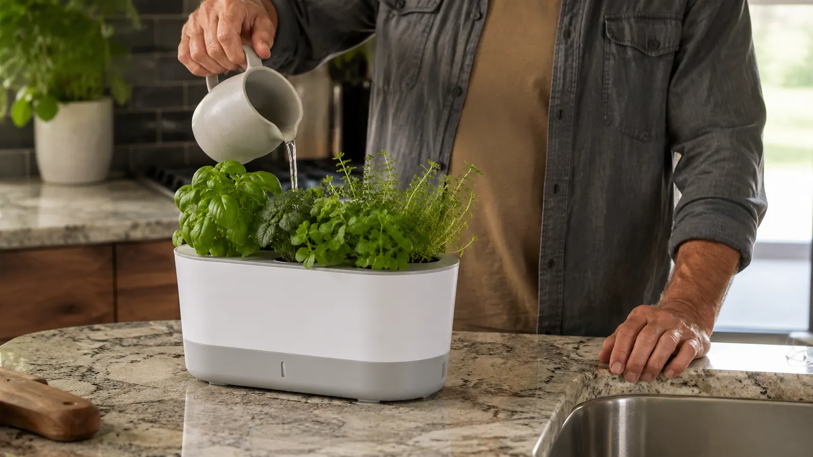 A home grower's hand adding water to a countertop garden reservoir