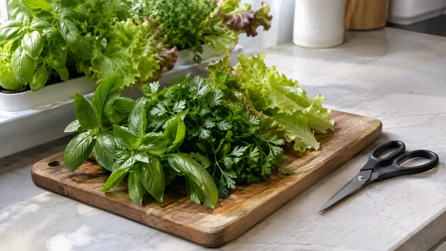 A small fresh harvest of basil, parsley and lettuce on a cutting board beside a countertop indoor garden