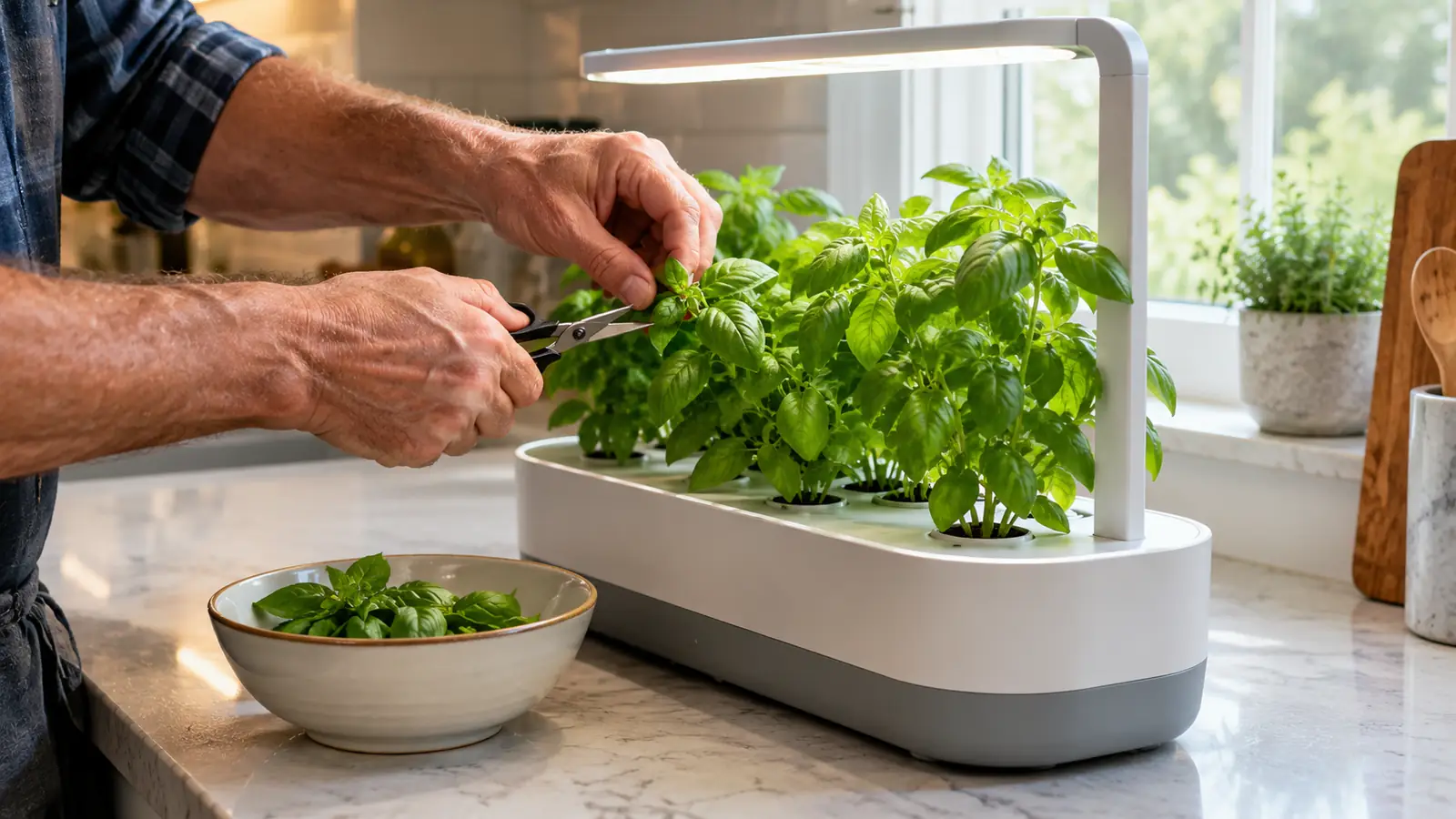 An older man's hands trimming fresh basil from a countertop garden into a small bowl on a kitchen counter.