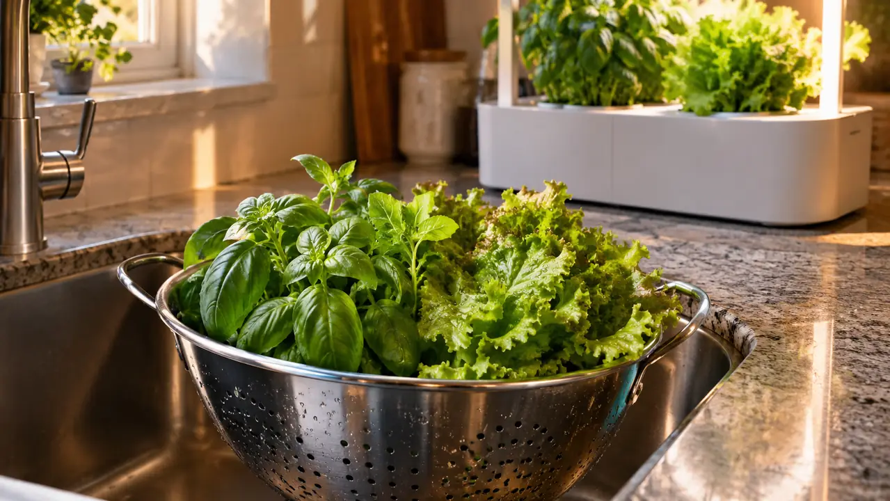Freshly harvested basil and leaf lettuce in a colander in a kitchen sink, with a countertop garden visible in the background.