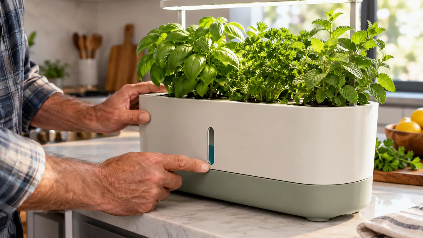 A home grower's hand checking the water level on a countertop garden while leafy herbs grow above