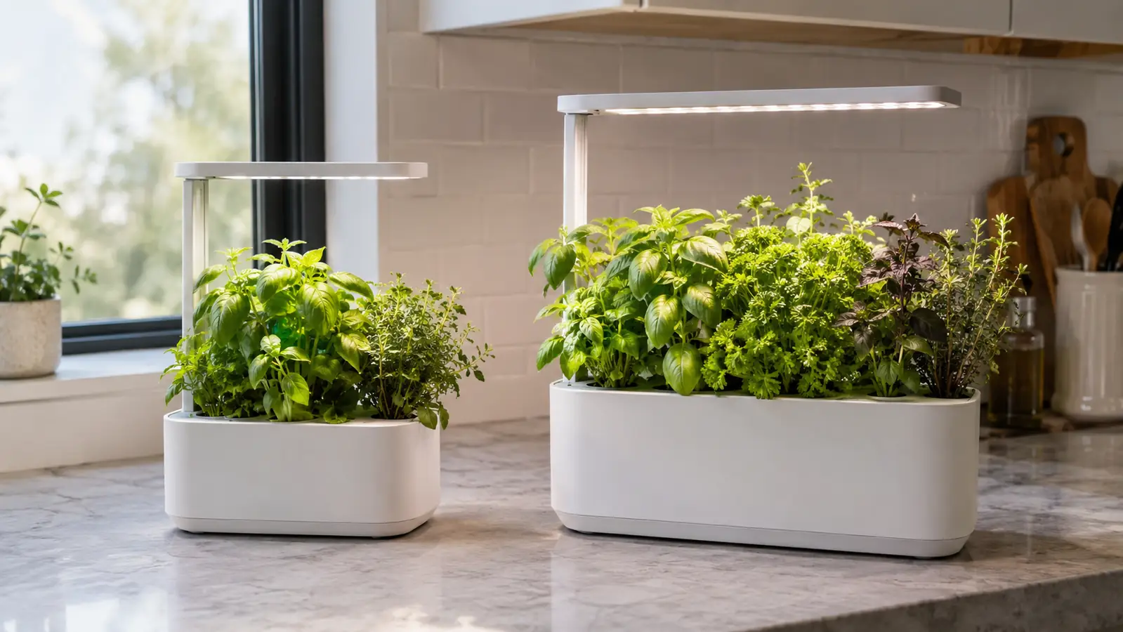 Two countertop indoor gardens of different sizes side by side on a kitchen counter