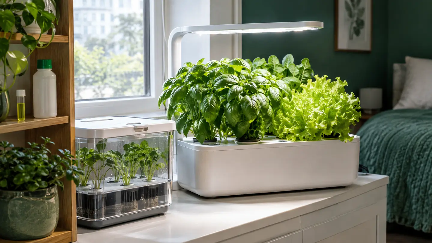 A bright spare-bedroom indoor garden with a countertop aeroponic garden full of basil and lettuce, a cloning box of green cuttings, a nutrient bottle and a pH test vial on a wooden shelf