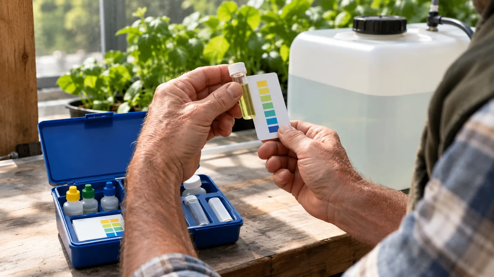 Home grower comparing a vial of nutrient solution to a pH color chart beside the reservoir