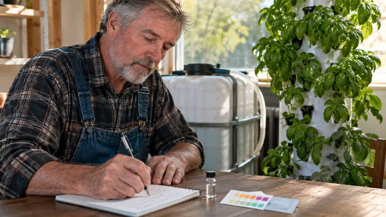 Home grower writing pH readings in a paper grow log with a test vial on the table