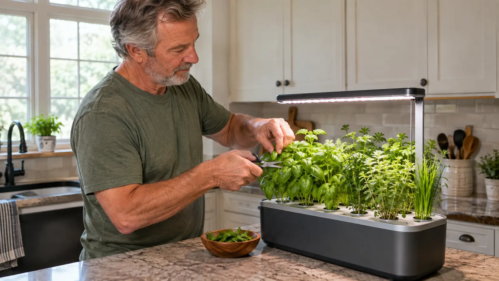 A home grower trimming herb leaves from a countertop garden on a kitchen counter