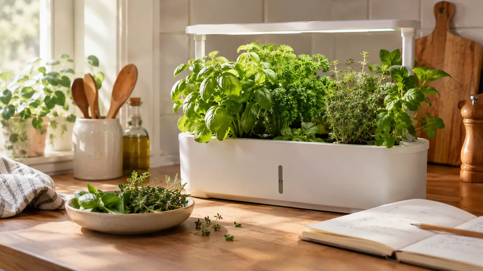 A kitchen counter with a compact countertop garden, a small dish of freshly cut herbs, and a notebook