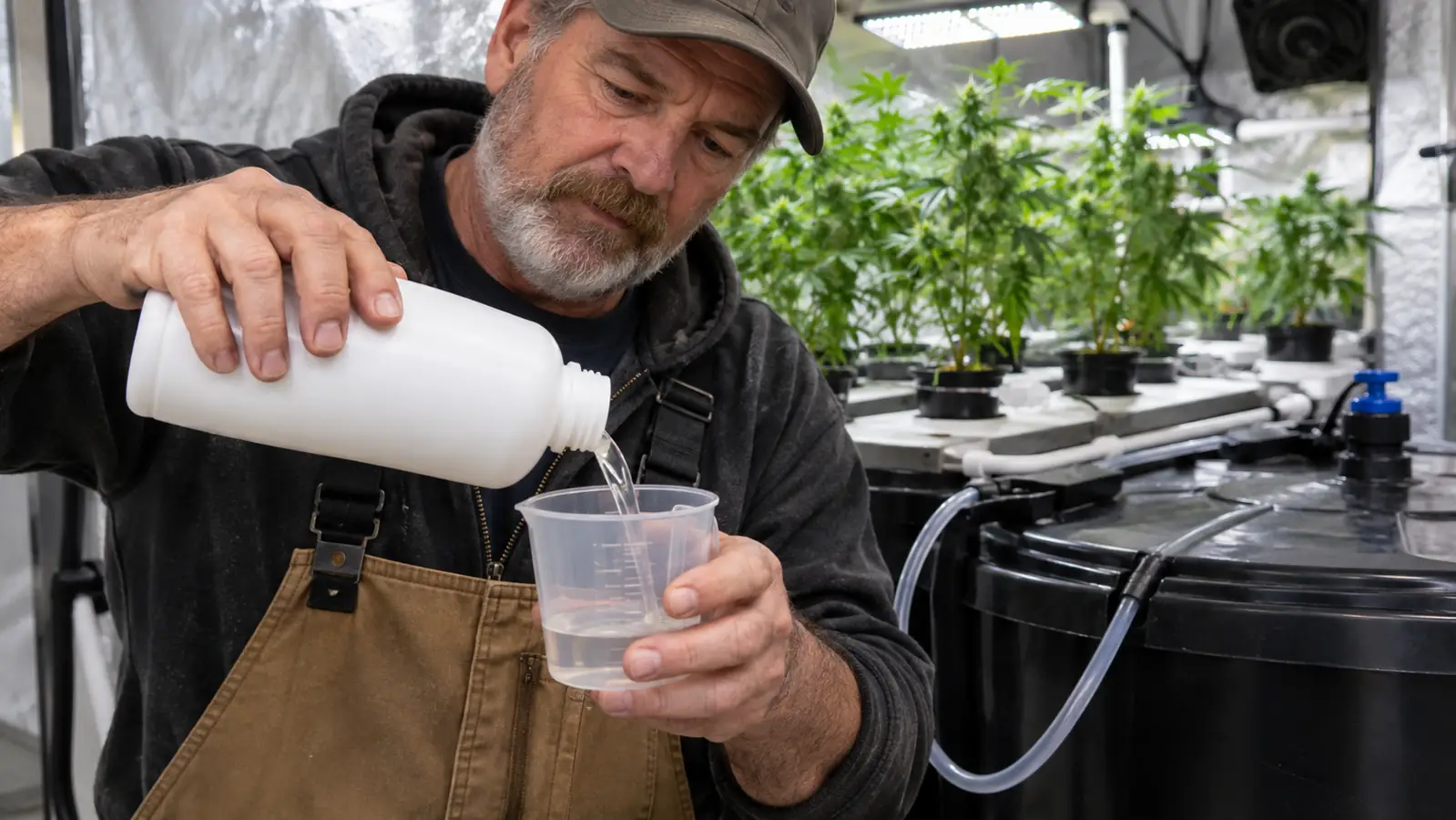 A hand holding a bottle of nutrient solution over a measuring cup next to a reservoir