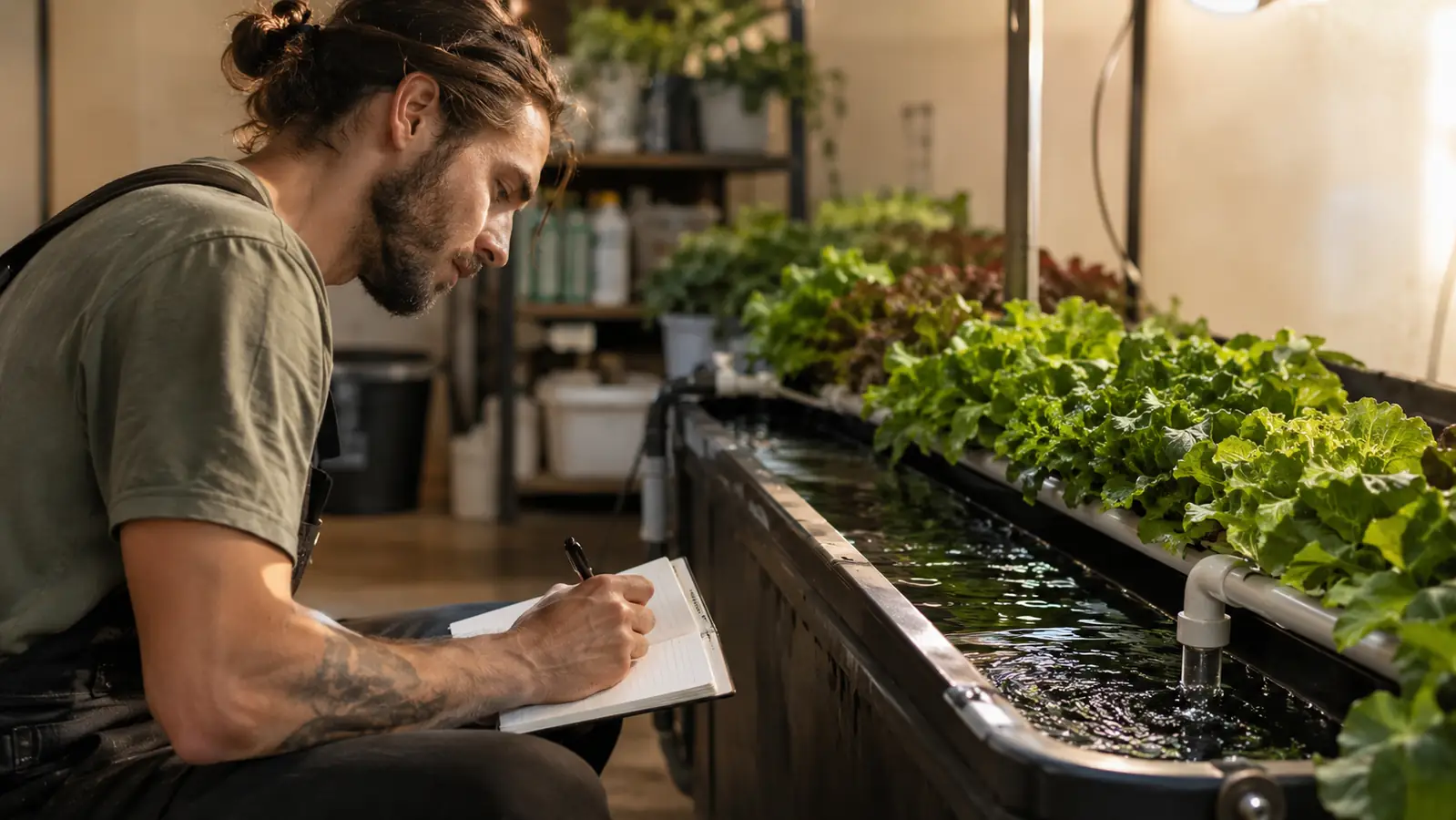 A home grower writing in a paper notebook beside a reservoir and a row of leafy greens