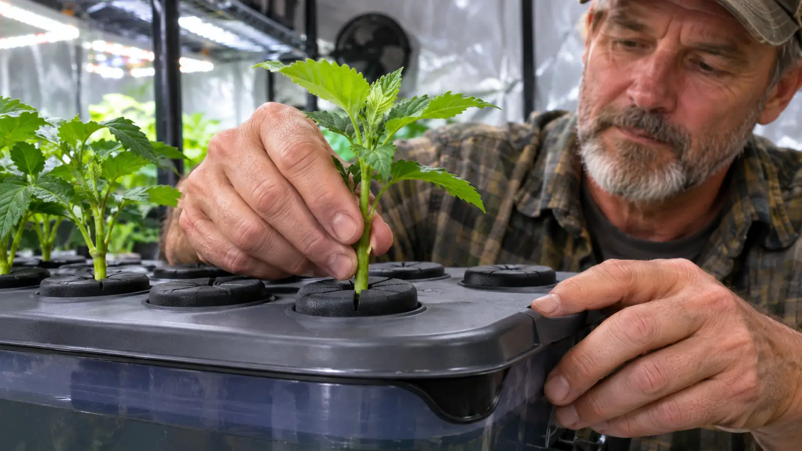 A hand placing a cutting into a neoprene collar on an aeroponic cloner