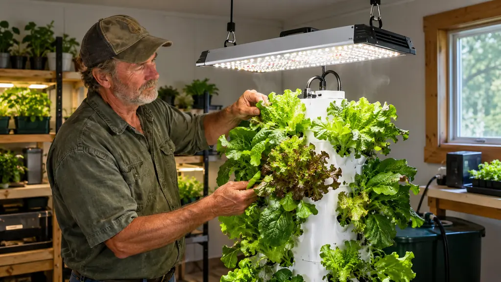 A full spectrum LED grow light hanging above an indoor aeroponic tower with leafy greens