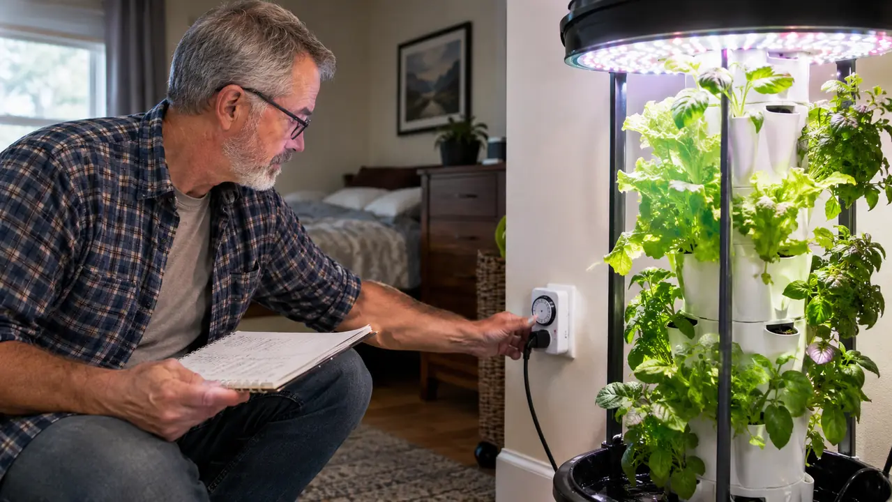 A home grower checking a notebook and a timer beside an indoor aeroponic tower under a full spectrum LED grow light