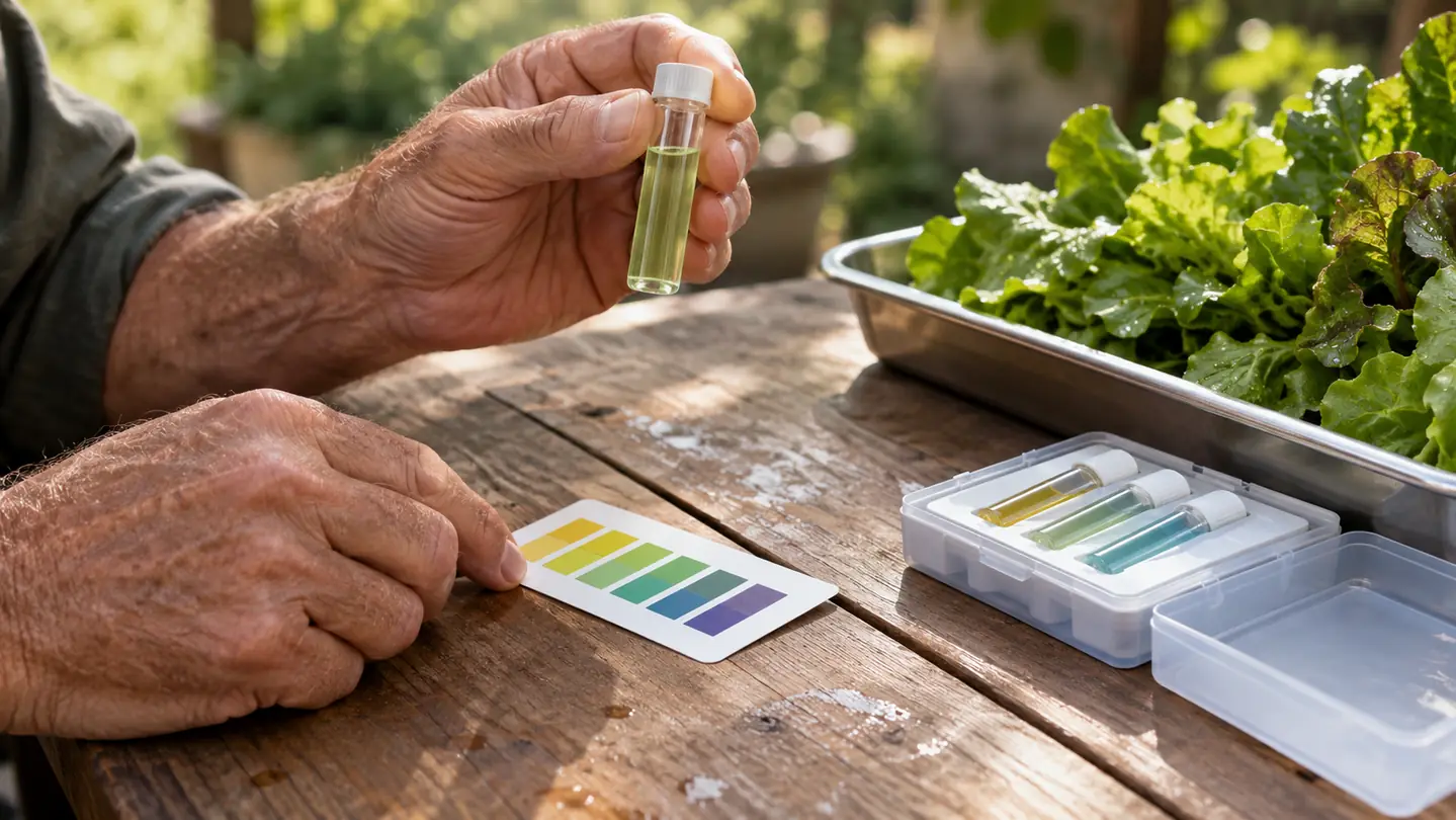A home grower holding a small test vial of water up to the light to compare it with a color chart