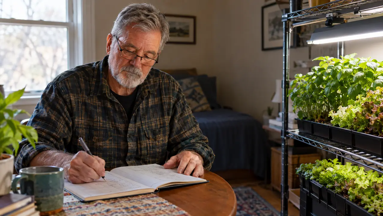 An older man writing in a paper notebook at a table beside a tray of basil under a grow light