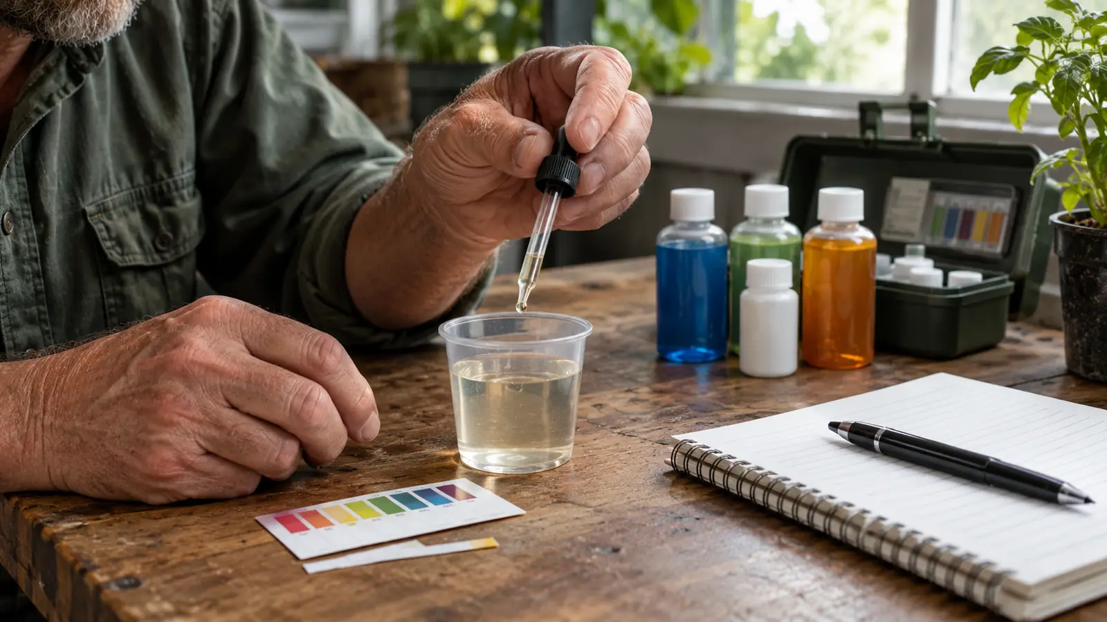 A hand holding a dropper over a small clear cup of nutrient solution on a workbench, with a notebook beside it and bottles of test solution in the background.