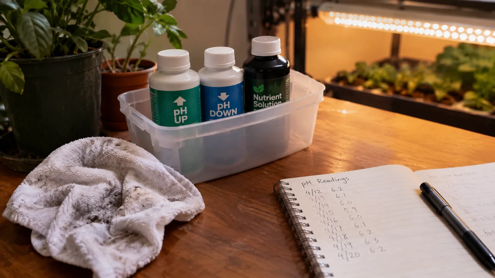 A workbench with a small plastic tote holding three bottles and an open notebook with handwritten pH readings.