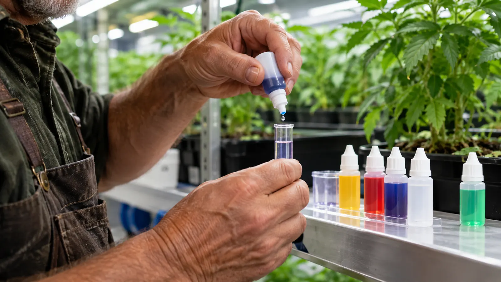 A hand squeezes three drops of pH test indicator from the small bottle into a clear sample vial, with the kit's other bottles standing on a shelf beside it.