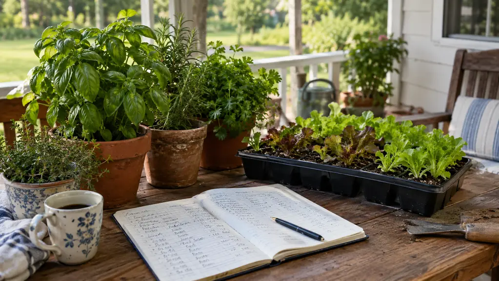 A covered back porch with pots of herbs and a tray of lettuce, and a paper grow log open on a wooden table.