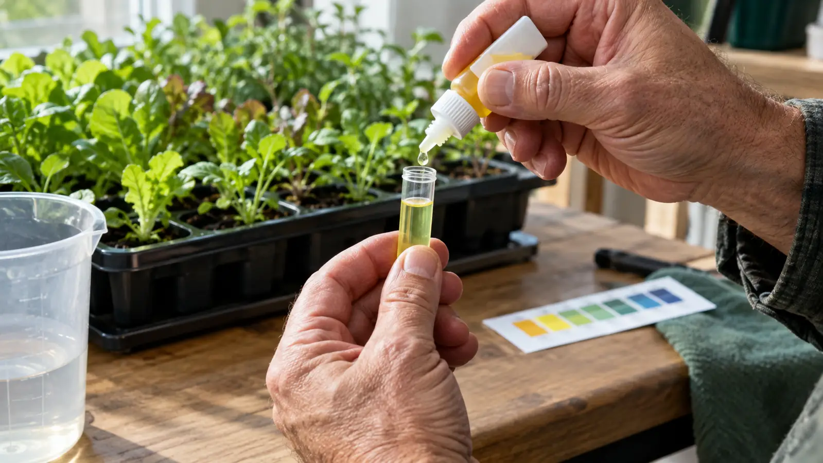 A hand adding pH test drops to a small sample vial of nutrient solution beside a grow tray