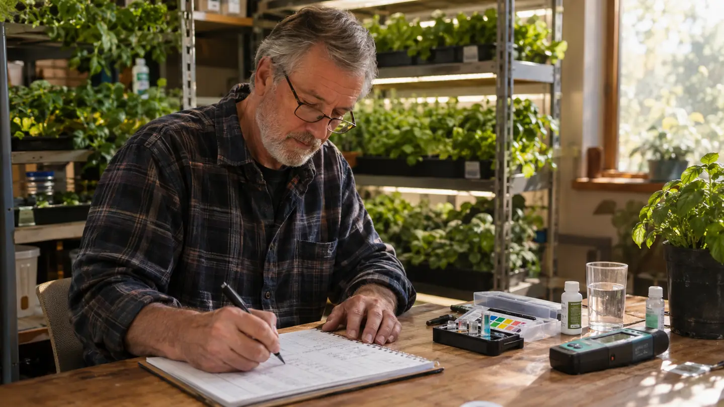 An older home grower writing pH readings in a paper grow log at a small desk